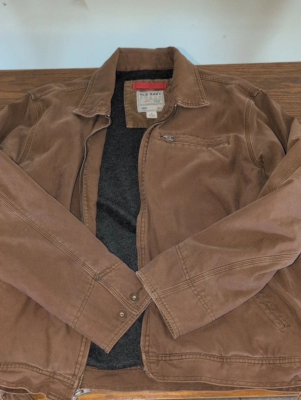 Early 2000s Old Navy Brown Men's Military Field Jacket with Zip Chest Pocket